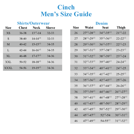 Cinch Womens Jeans Size Chart