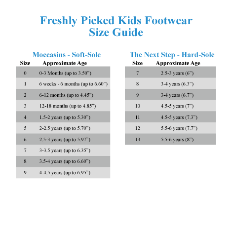 Freshly Picked Moccasins Size Chart