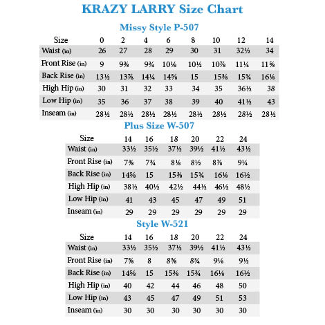 Krazy Larry Pants Size Chart