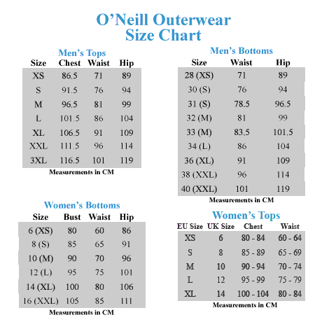 O Neill Jacket Size Chart