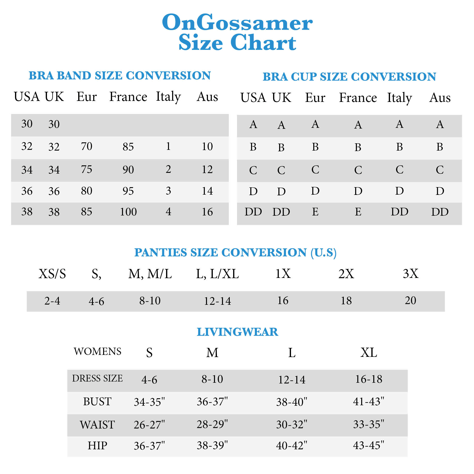 Ongossamer Size Chart