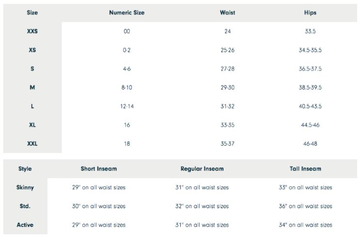 Prana Swim Size Chart