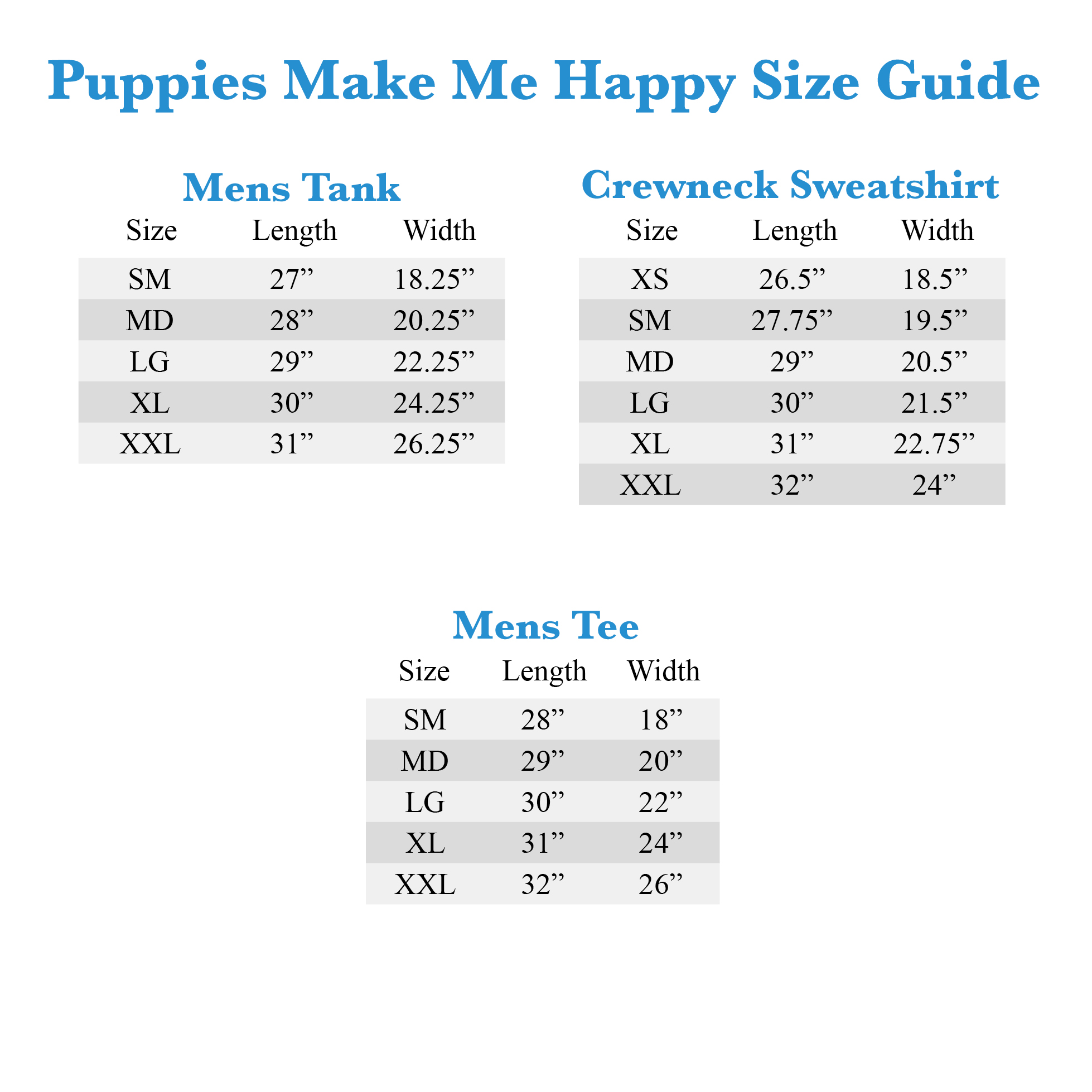 Puppies Make Me Happy Size Chart