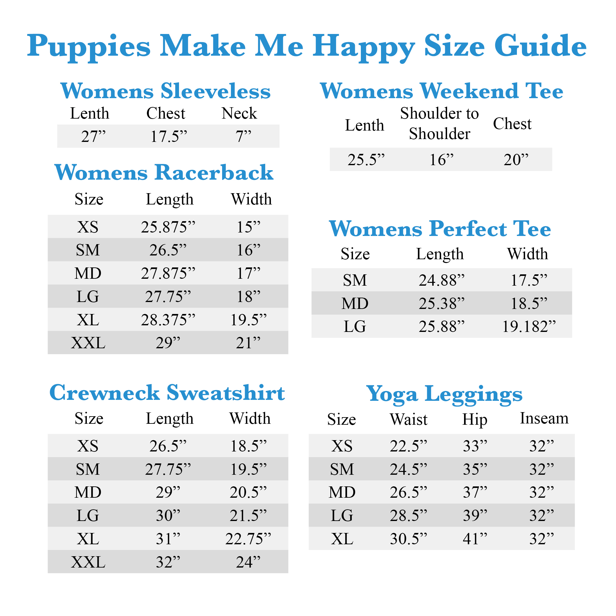 Puppies Make Me Happy Size Chart