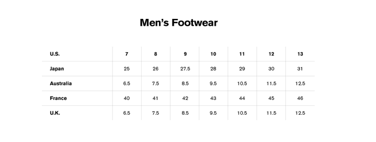 Mens Footwear Size Chart