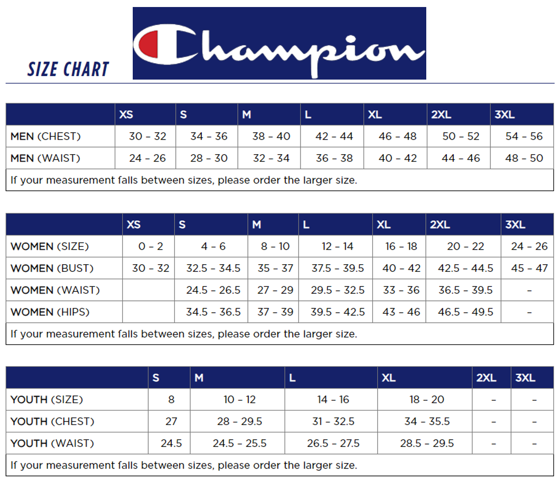 champion size chart pants