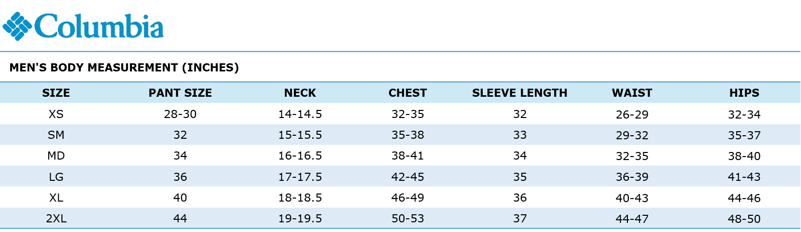 Columbia Shirt Size Chart