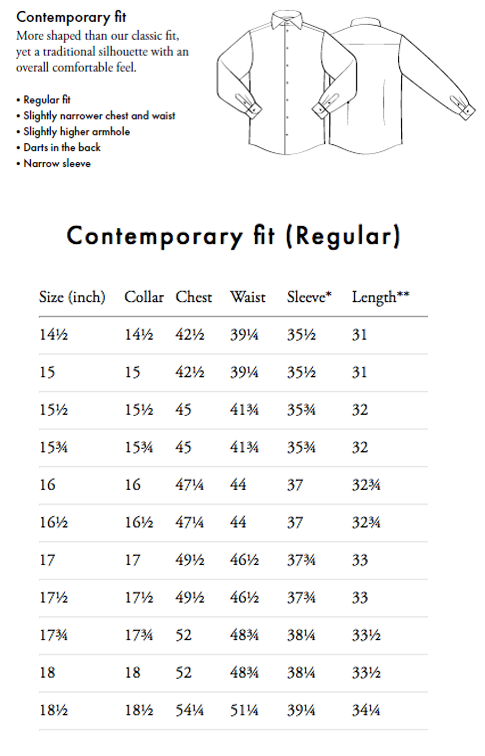 Contemporary Fit Size Chart
