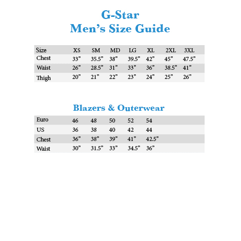 g star raw size guide