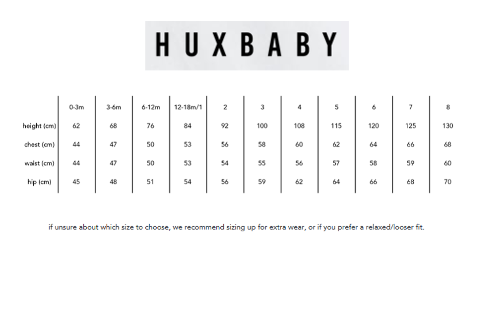 Huxbaby Size Chart