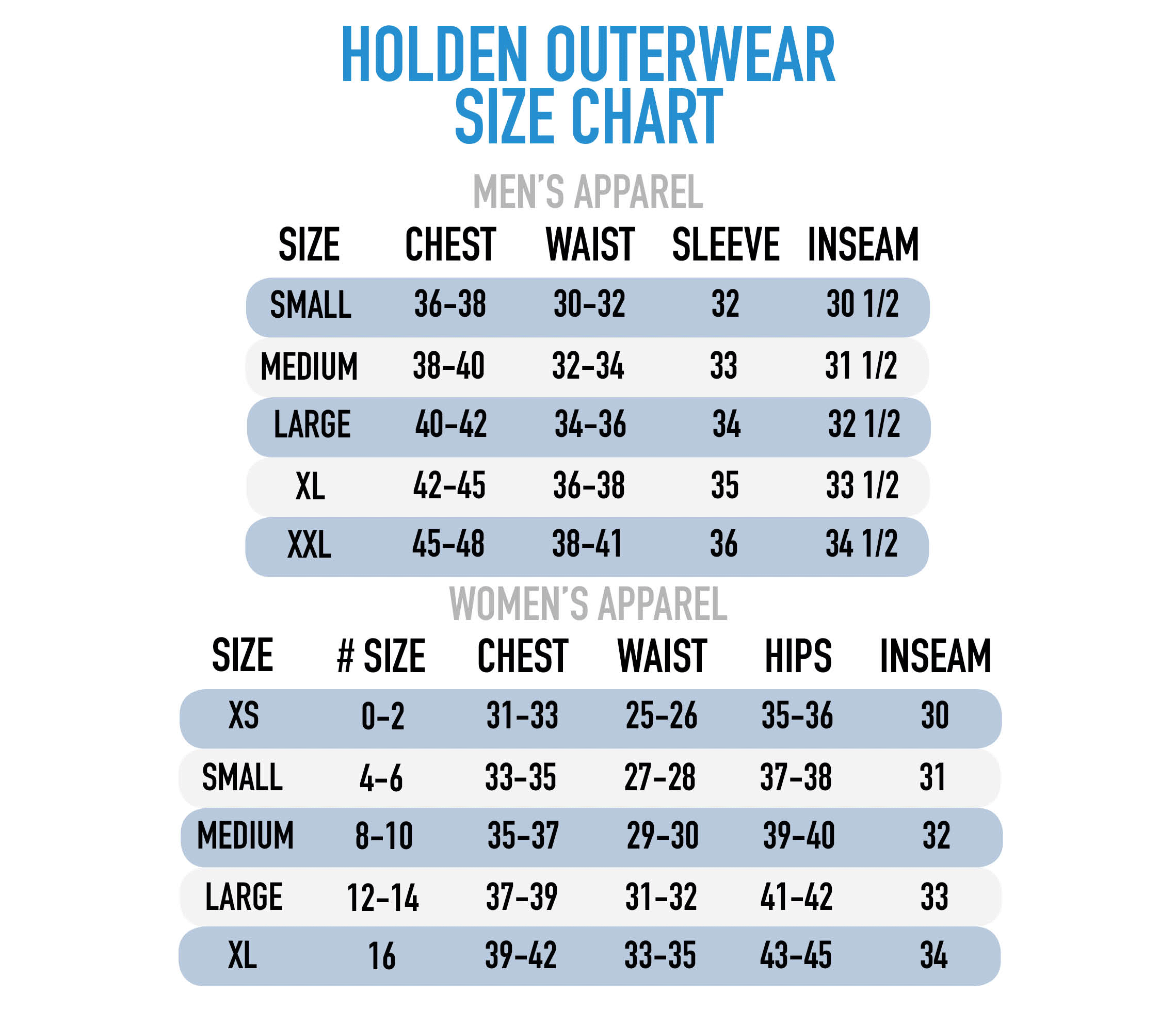 Holden Outerwear Size Chart