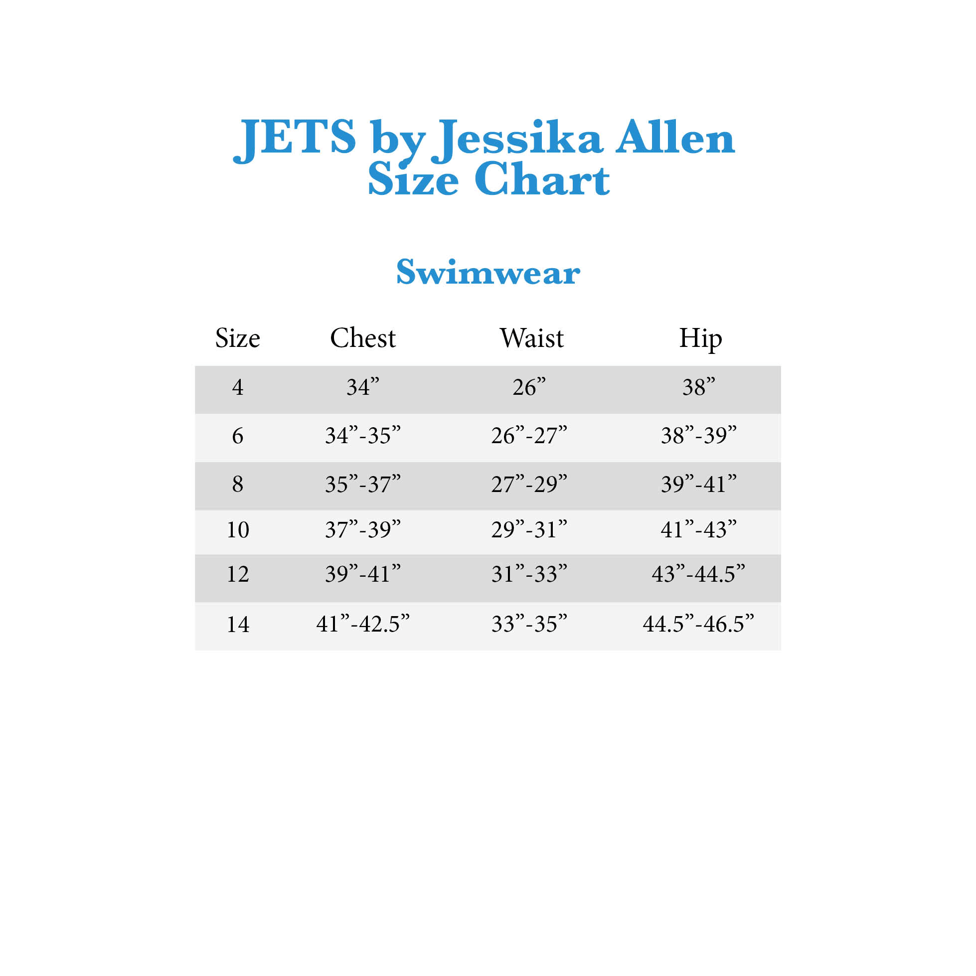 Jets Swimwear Size Chart