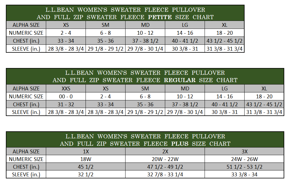 Ll Bean Women's Size Chart