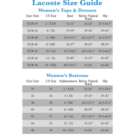 lacoste polo shirt size guide