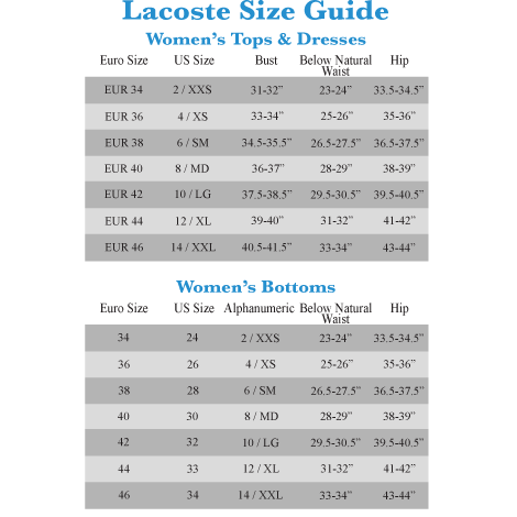 lacoste jacket size chart