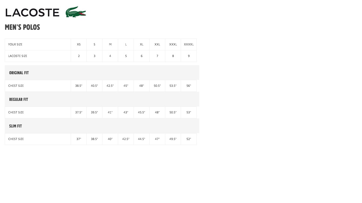 lacoste jeans size chart