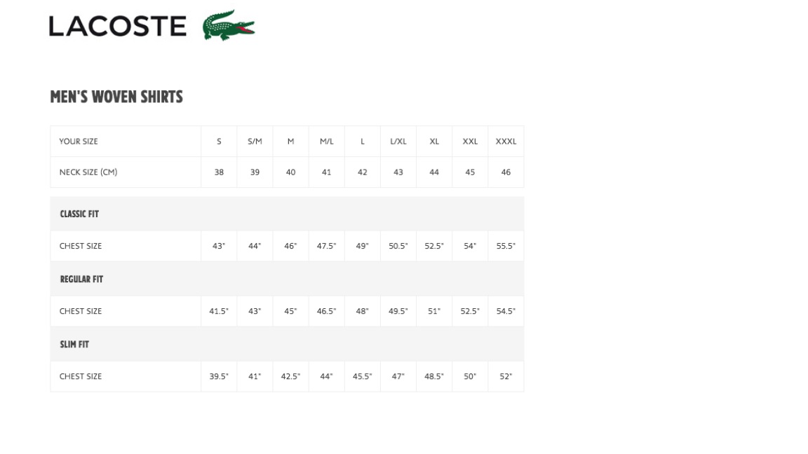 lacoste clothing size chart