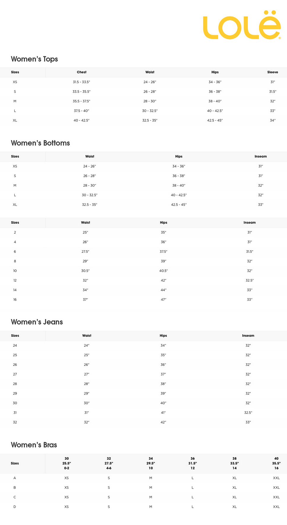 Lole Size Chart