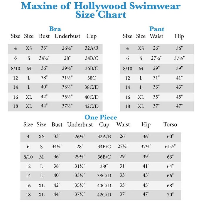 Maxine Swimwear Size Chart