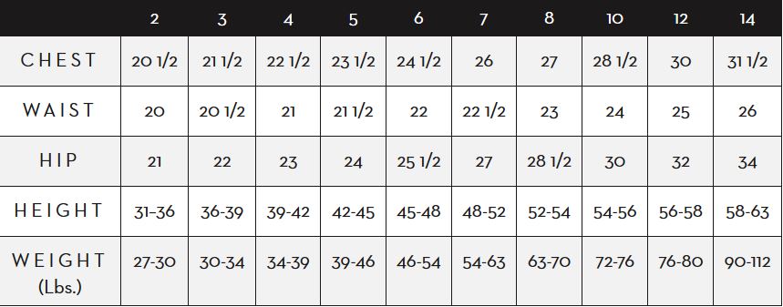 Milly Size Chart