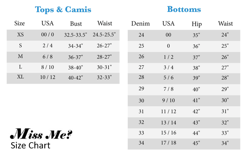 Womens Miss Me Jeans Size Chart