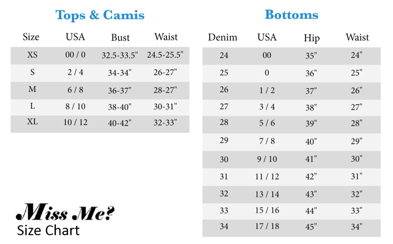 Miss Me Jeans Size Chart Juniors