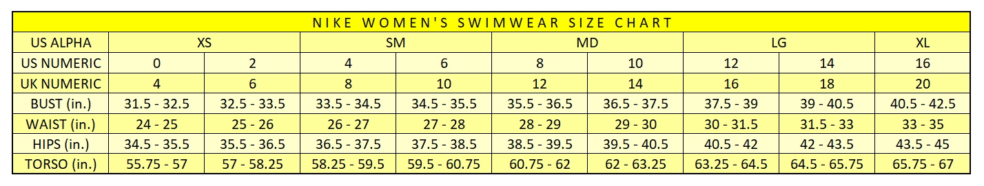 nike bathing suit size chart