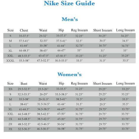 nike pro short size chart