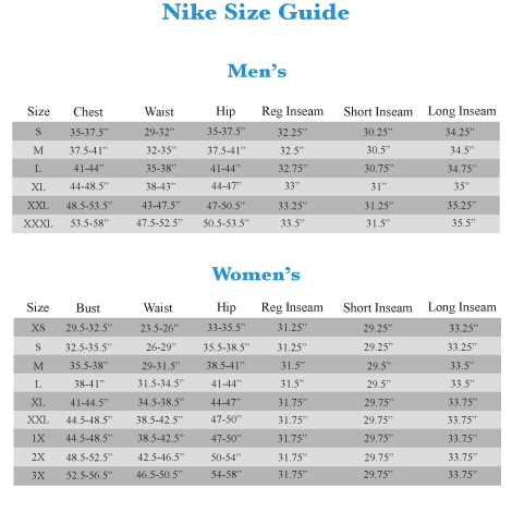 Nike Dri Fit Size Chart Women S