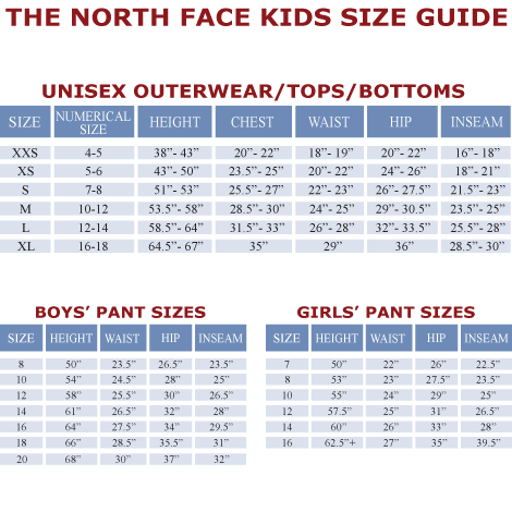 north face size guide junior 