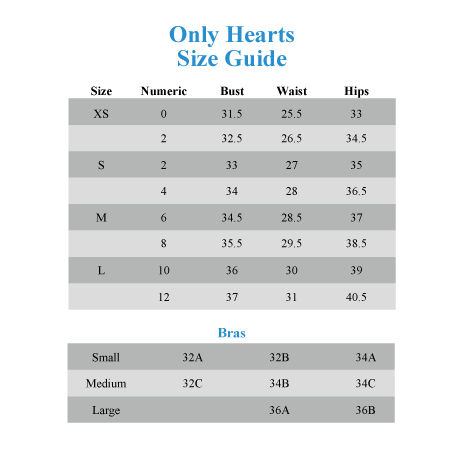 Only Hearts Size Chart