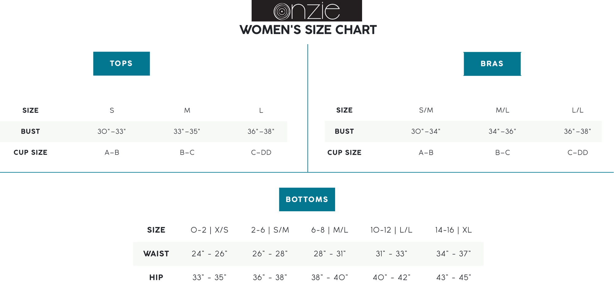 Onzie Size Chart