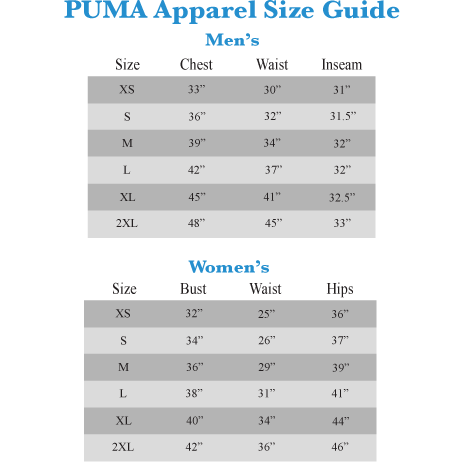 puma jacket size chart