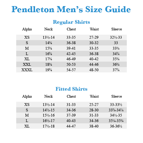 Vintage Pendleton Size Chart