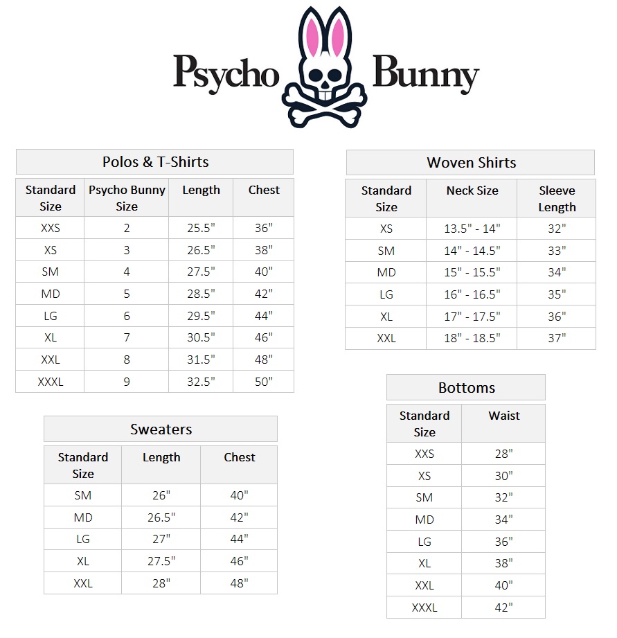 Psycho Bunny Polo Size Chart