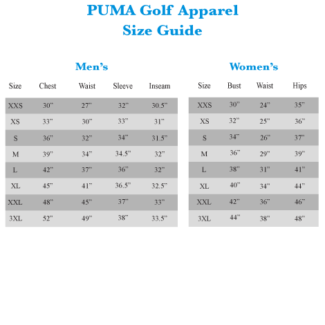 puma golf size chart