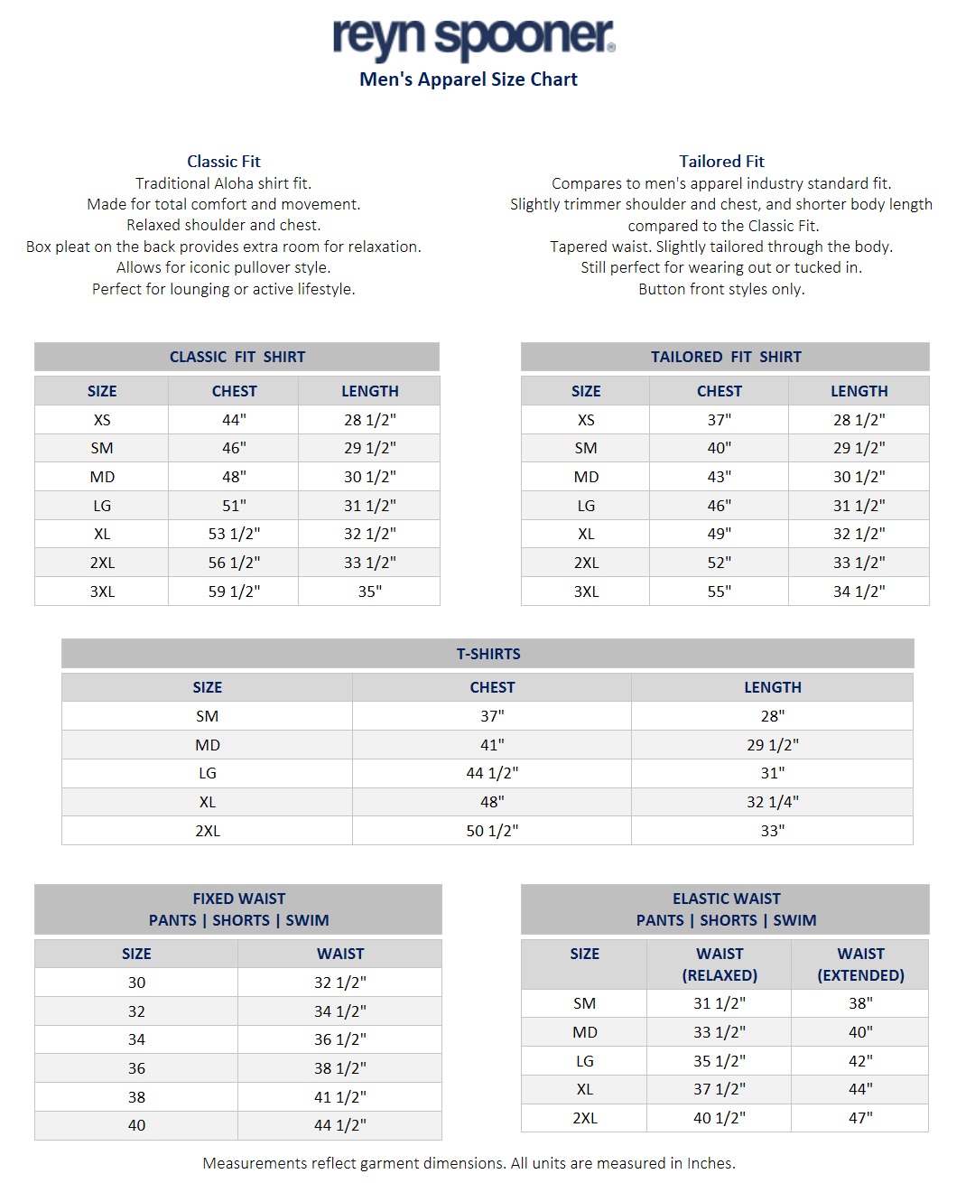 Reyn Spooner Size Chart