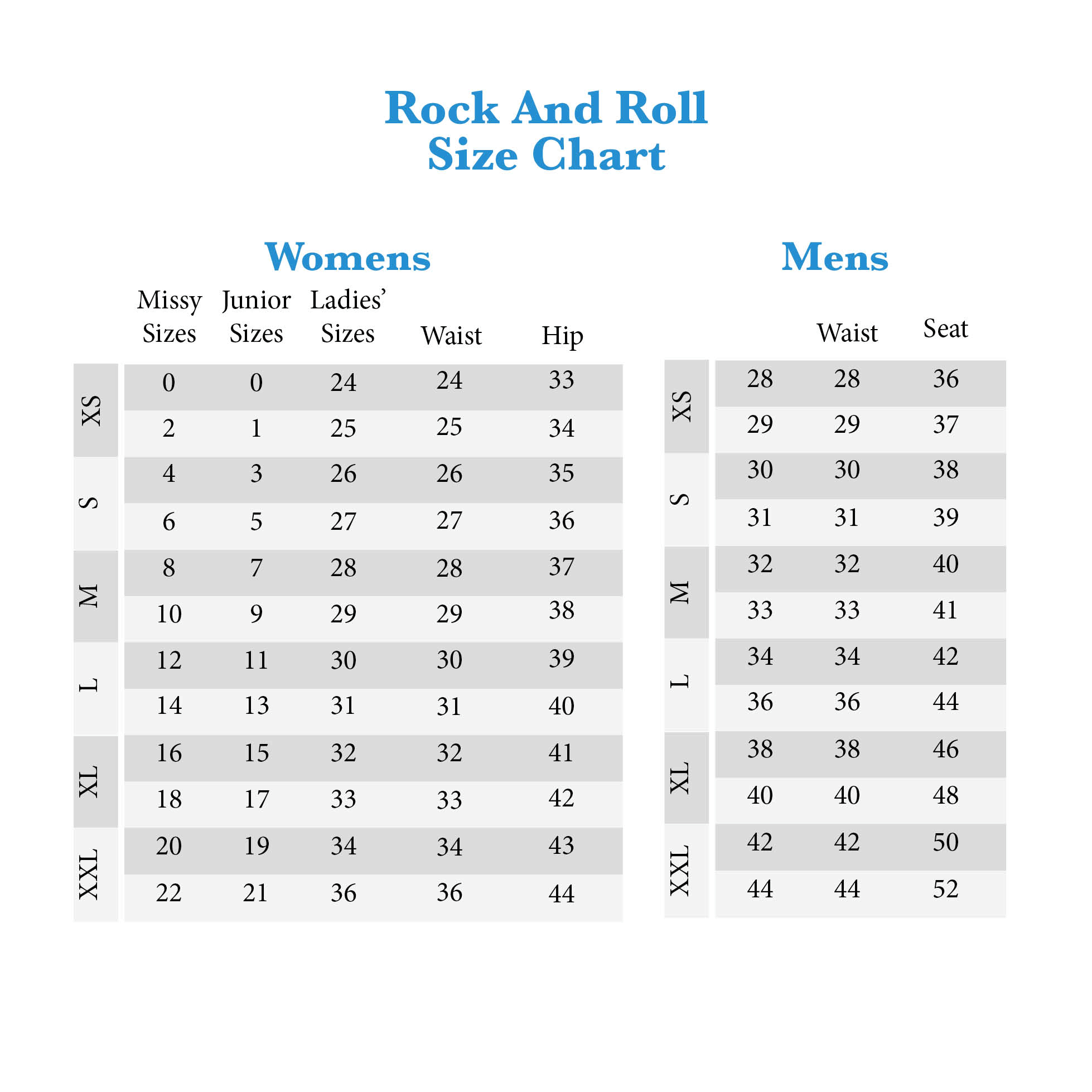 Western Jeans Size Chart