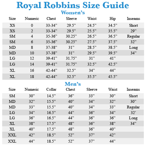 Royal Robbins Size Chart