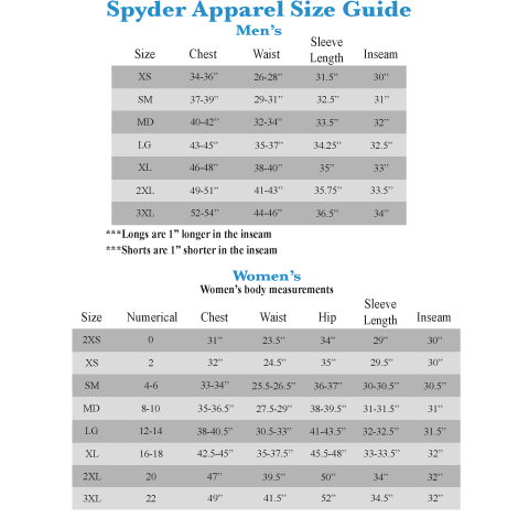 Spyder Size Chart