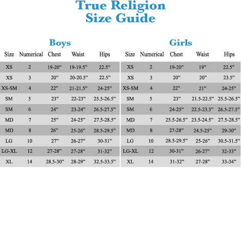 true religion shoe size chart