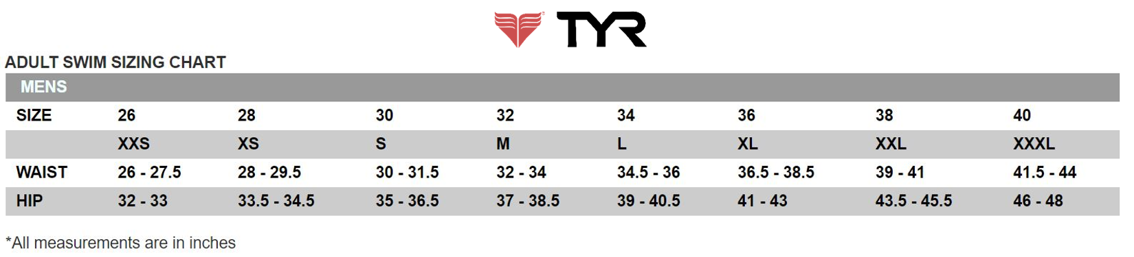 Tyr Swimwear Size Chart