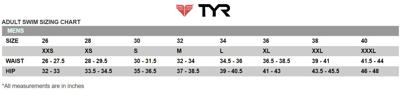 Tyr Bathing Suits Size Chart