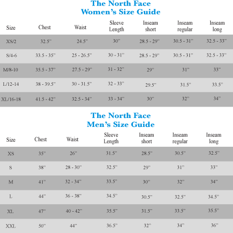 north face women's jacket size chart