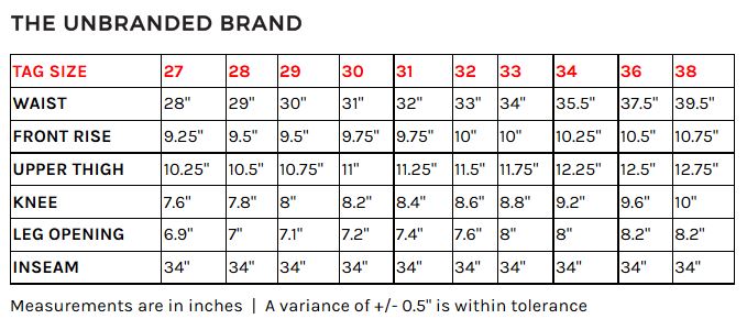 unbranded jeans sizing