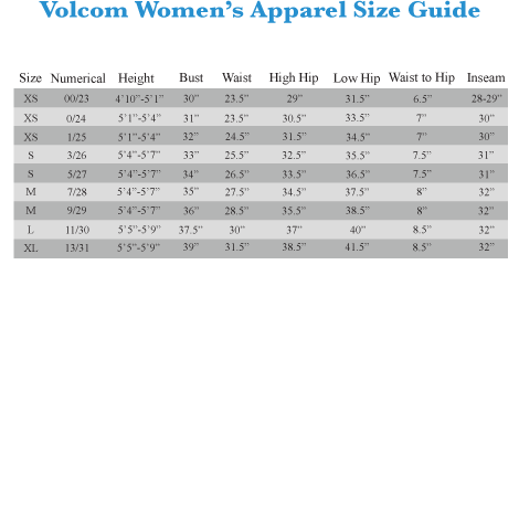 Volcom Pants Size Chart