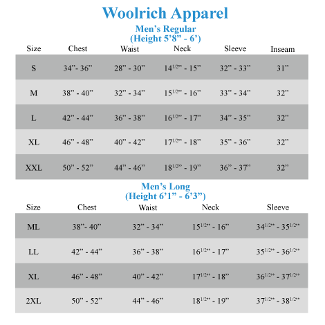 Woolrich Size Chart
