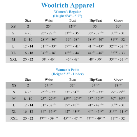 Woolrich Jacket Size Chart