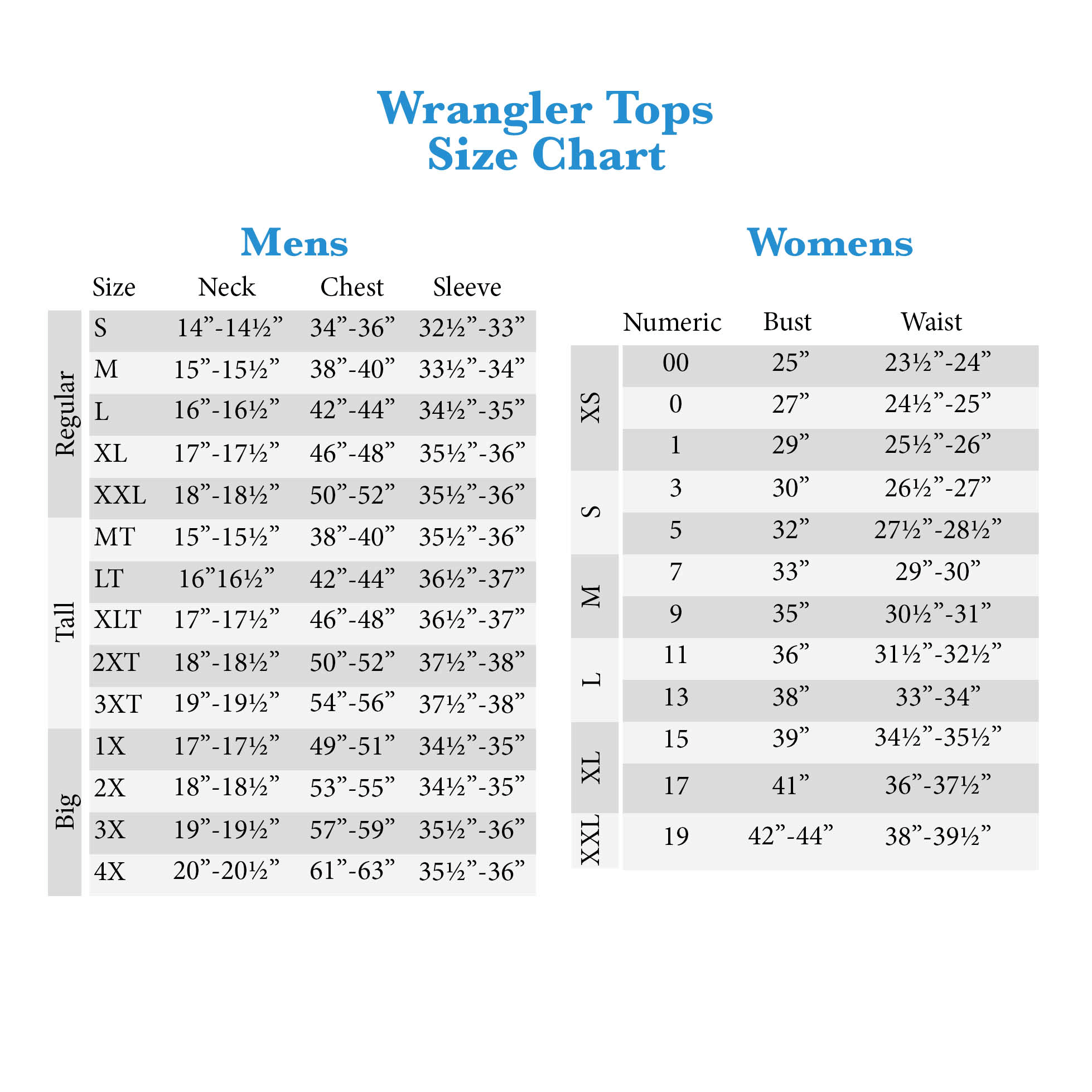 Wrangler Size Chart Women's