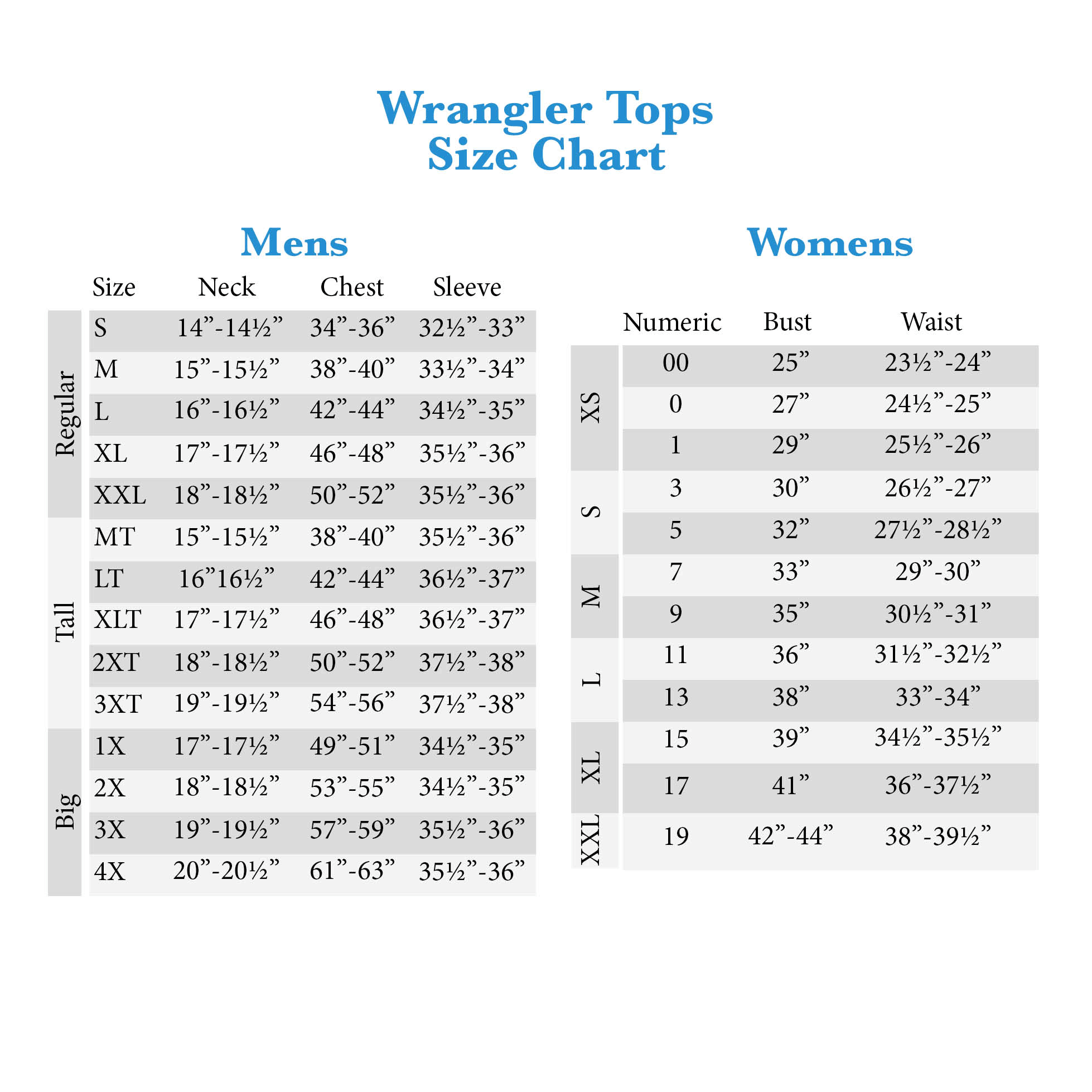 Wrangler Clothing Size Chart